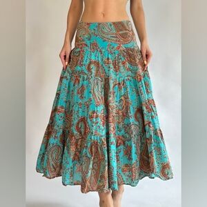 Lauren Ralph Lauren Turquoise Tiered Paisley Trapeze Full Maxi Skirt Western